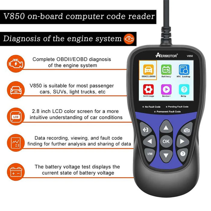 AERMOTOR V850 Car Diagnostic Scanner OBD2 Engine Check Automotive Code Reader - 5