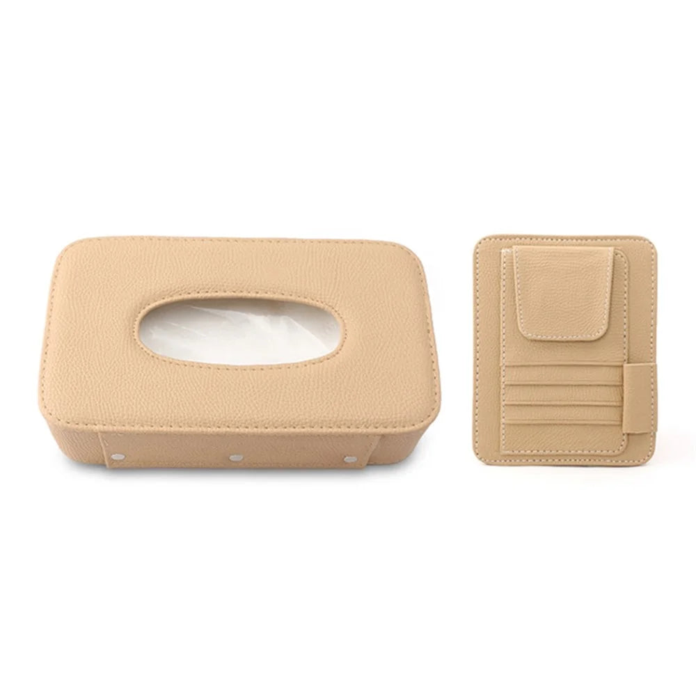 Automotive Interior Litchi Texture PU Leather Car Sun Visor Tissue Box Card Clip Set - Beige - 1
