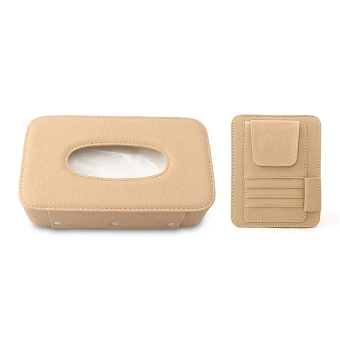 Automotive Interior Litchi Texture PU Leather Car Sun Visor Tissue Box Card Clip Set - Beige - 1