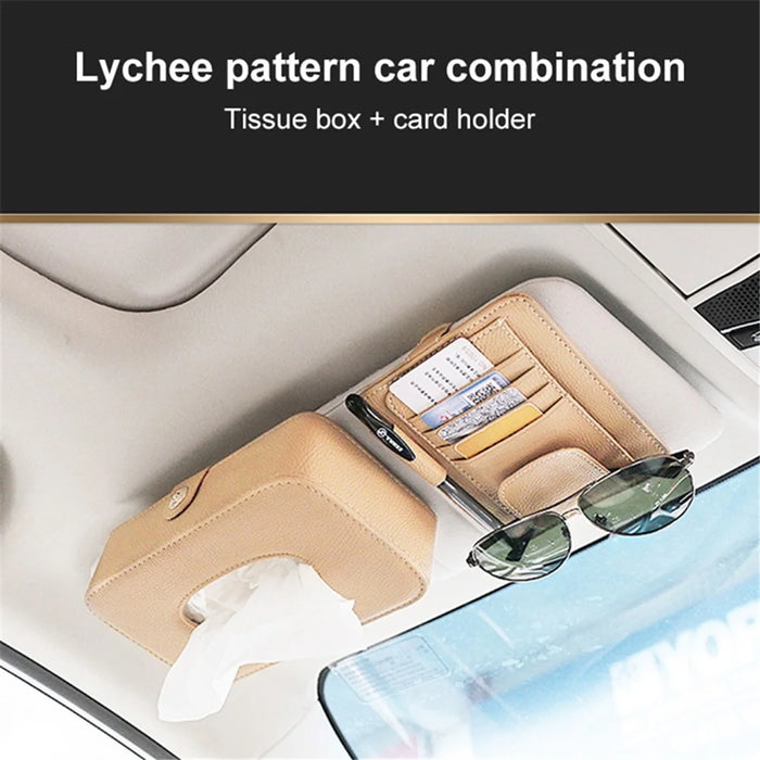 Automotive Interior Litchi Texture PU Leather Car Sun Visor Tissue Box Card Clip Set - Beige - 2