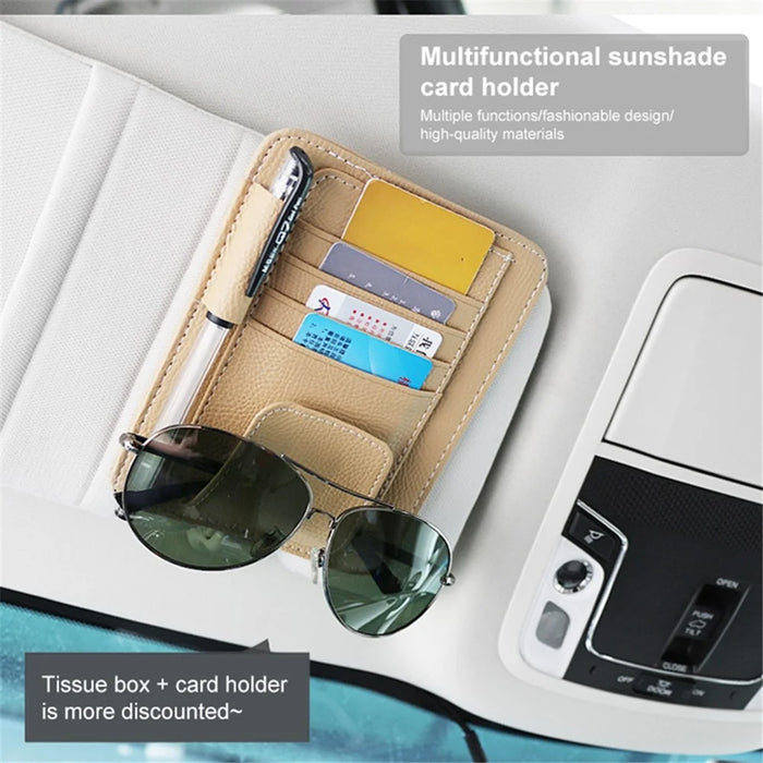 Automotive Interior Litchi Texture PU Leather Car Sun Visor Tissue Box Card Clip Set - Beige - 3