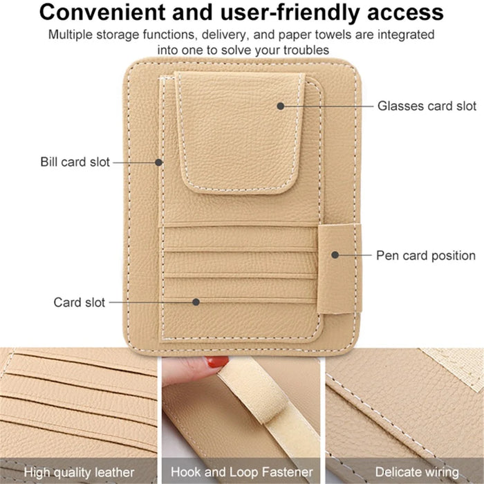 Automotive Interior Litchi Texture PU Leather Car Sun Visor Tissue Box Card Clip Set - Beige - 4