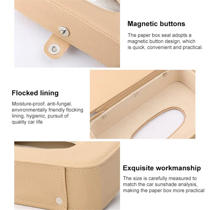 Automotive Interior Litchi Texture PU Leather Car Sun Visor Tissue Box Card Clip Set - Beige - 5