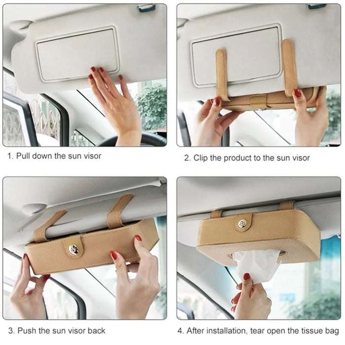 Automotive Interior Litchi Texture PU Leather Car Sun Visor Tissue Box Card Clip Set - Beige - 6