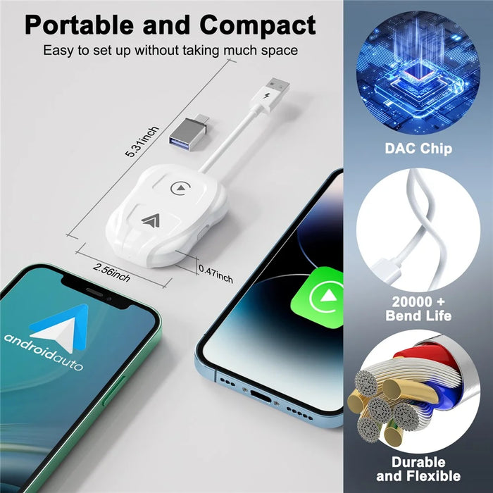 THT-020-9 Car Wireless Carplay Android Auto Dongle Wired to Wireless Adapter - White - 7