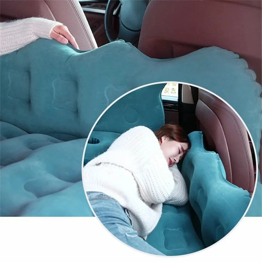 828 Cartoon Bear Head Car Air Mattress PVC + Flocking Back Seat Inflatable Bed with Pump - Navy Blue - 4