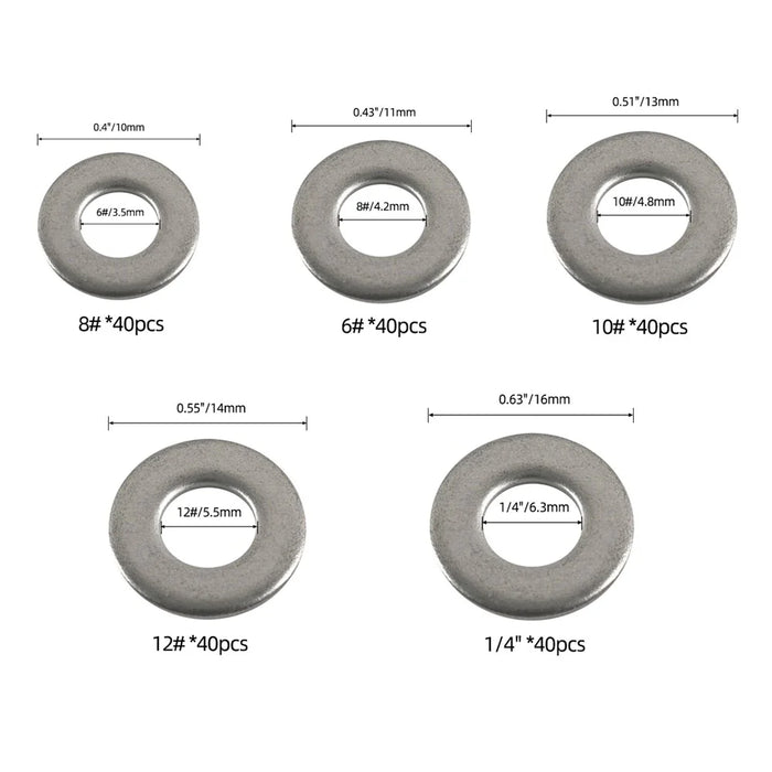 A7748 200Pcs Assorted 12# 10# 8# 6# 1 / 4" 304 Stainless Steel Flat Washers - 7