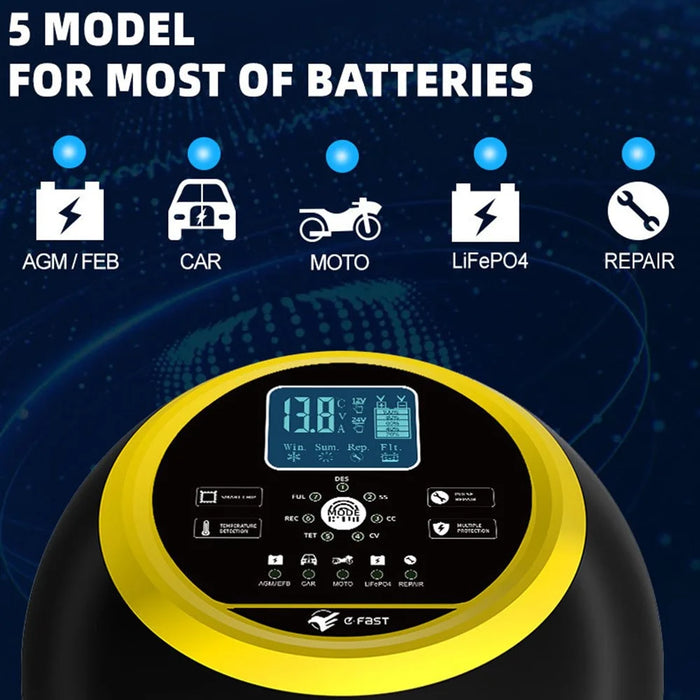 E-FAST TK-1500 Touch Screen Car Automatic Battery Charger for Lithium LiFePO4 AGM GEL Lead-Acid - US Plug / Yellow - 6