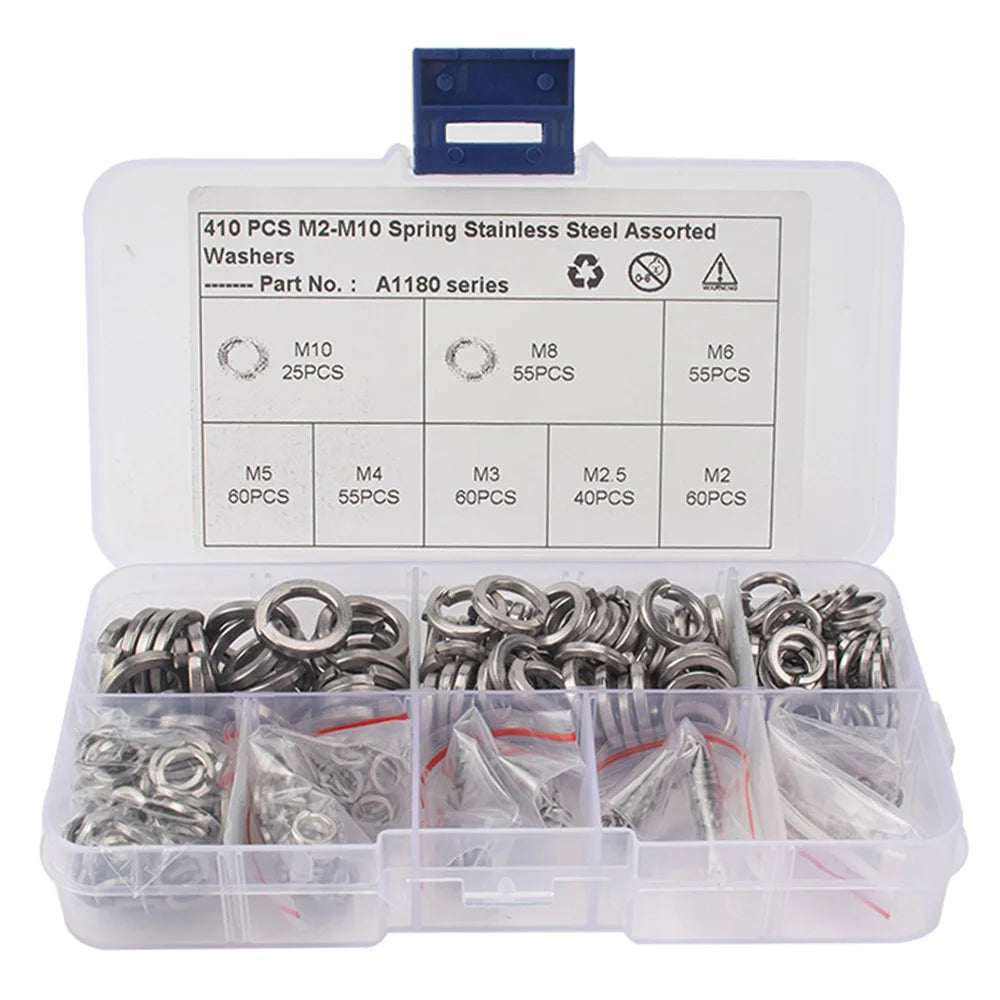 A1180 410Pcs M2-M10 Stainless Steel Assorted Spring Washers with Plastic Box - 1