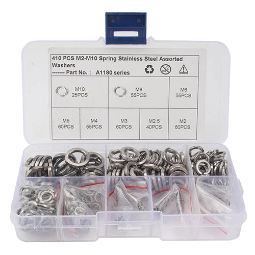 A1180 410Pcs M2-M10 Stainless Steel Assorted Spring Washers with Plastic Box - 1