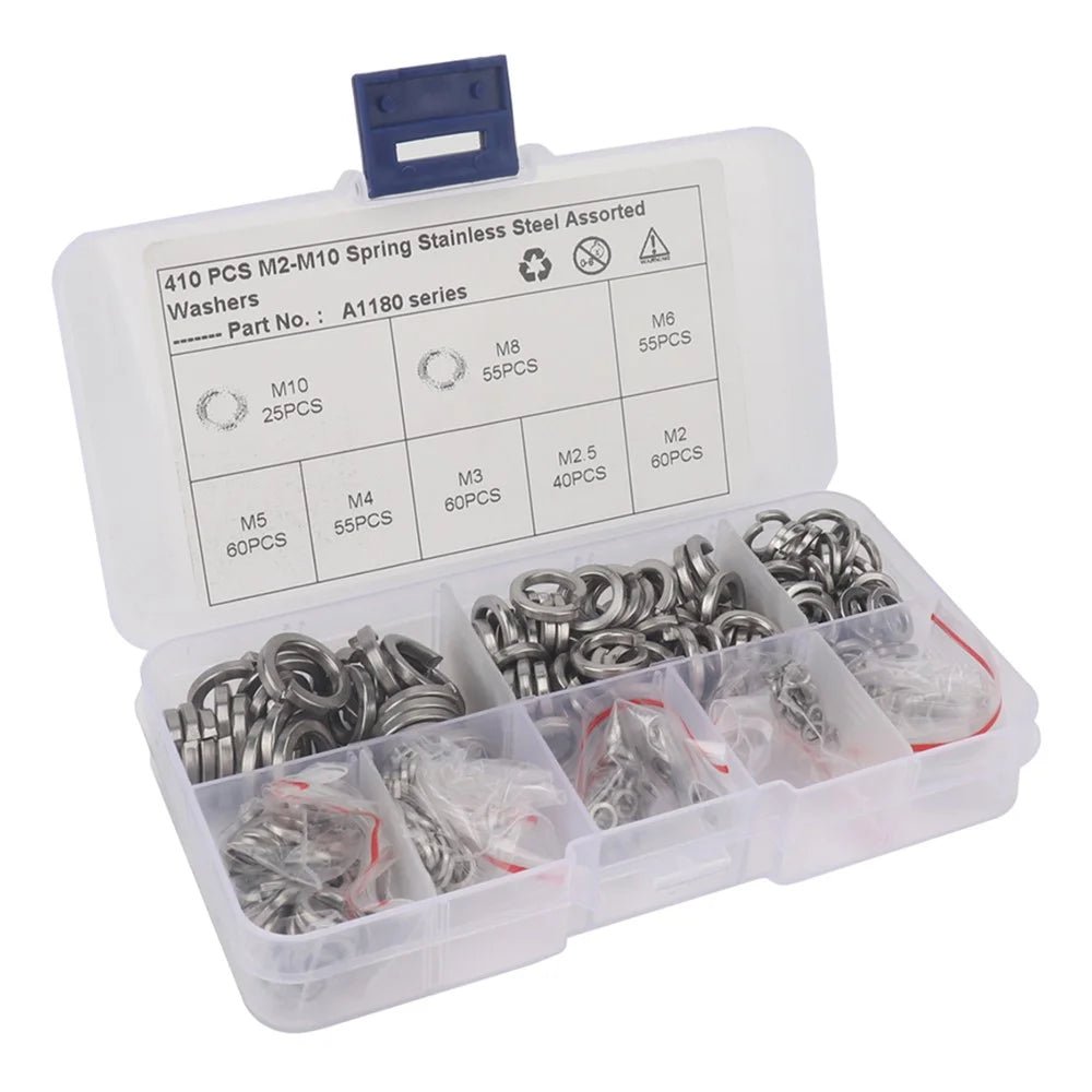 A1180 410Pcs M2-M10 Stainless Steel Assorted Spring Washers with Plastic Box - 2