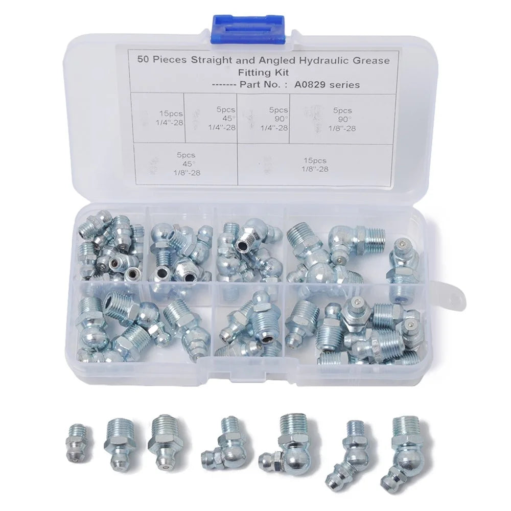 A0829 50Pcs Straight and Angled Hydraulic Grease Fitting Assortment Kit - 1