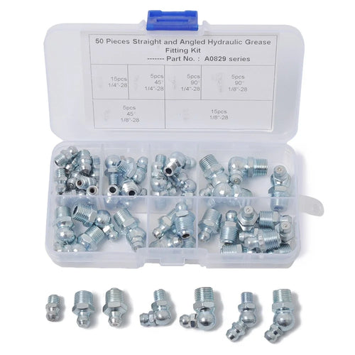 A0829 50Pcs Straight and Angled Hydraulic Grease Fitting Assortment Kit - 1