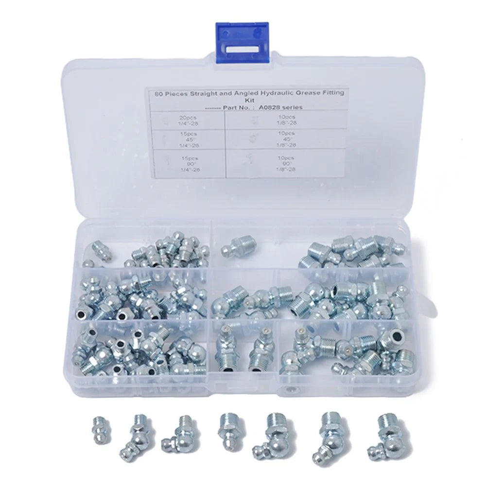 A0828 80Pcs 45 / 90 Degree Angled and Straight Hydraulic Grease Fitting Assort Kit - 1