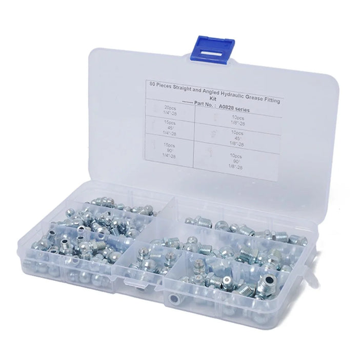 A0828 80Pcs 45 / 90 Degree Angled and Straight Hydraulic Grease Fitting Assort Kit - 2