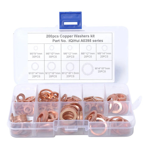 A0395 200Pcs / Set Copper Sealing Washers Flat Rings Gaskets with Plastic Box - 1