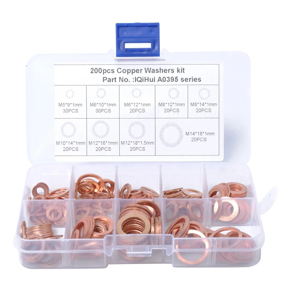 A0395 200Pcs / Set Copper Sealing Washers Flat Rings Gaskets with Plastic Box - 1