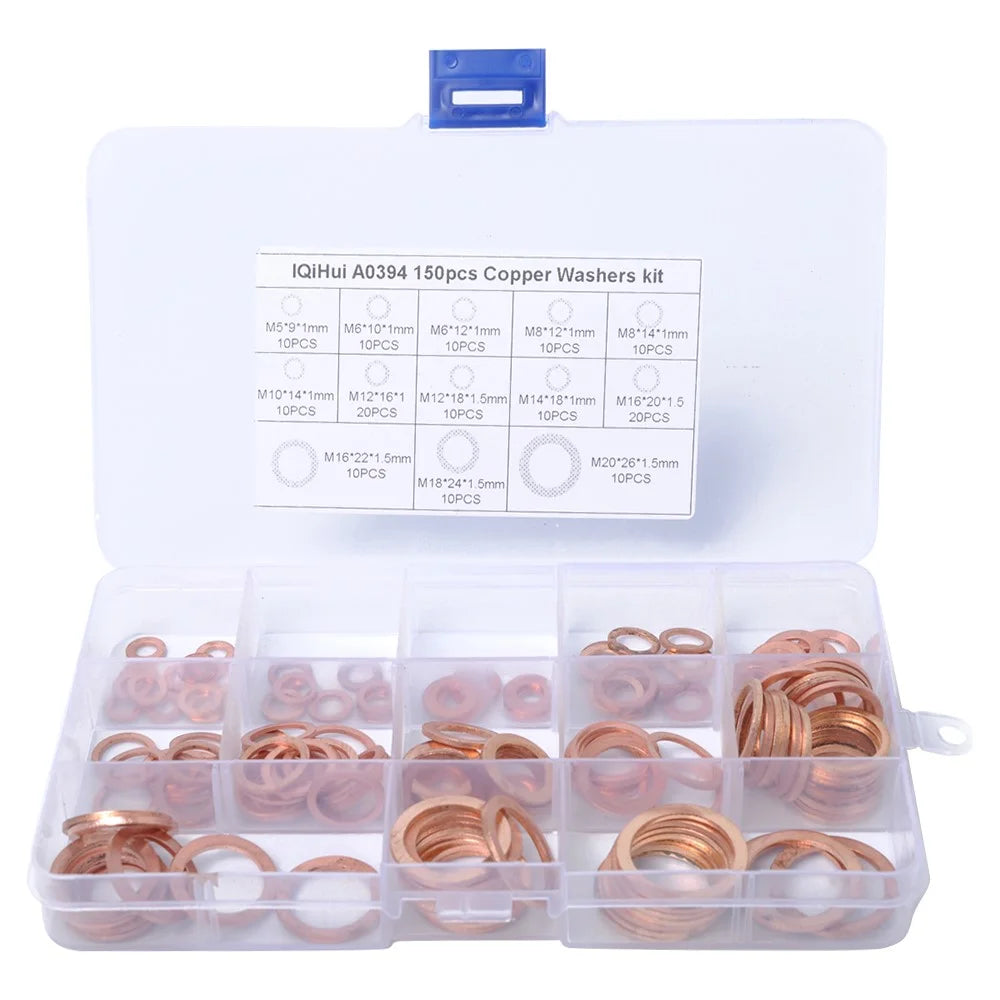 A0394 150Pcs / Set Copper Sealing Washers Flat Rings Gaskets with Plastic Box - 1