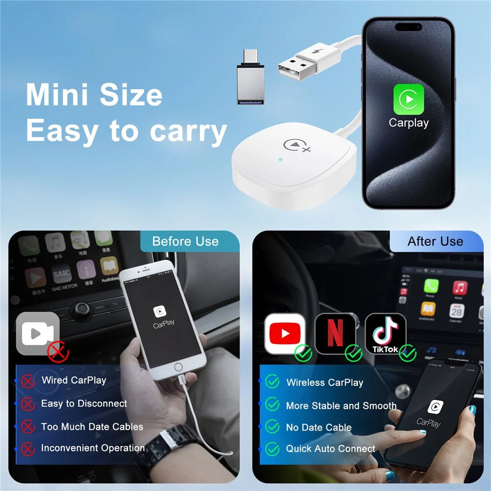 020-7+ Wireless Video / Car Play Adapter Car System Wired to Wireless Car Player Supports YouTube / Netflix / TikTok - White - 6