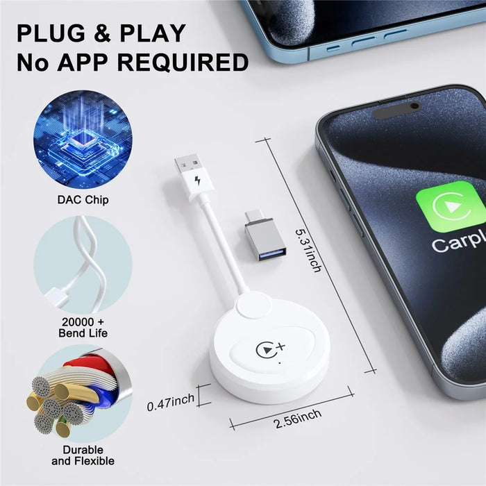 020-6+ Wireless CarPlay Adapter Convert Wired to Wireless Carplay Dongle Support YouTube / Netflix / TikTok - White - 5