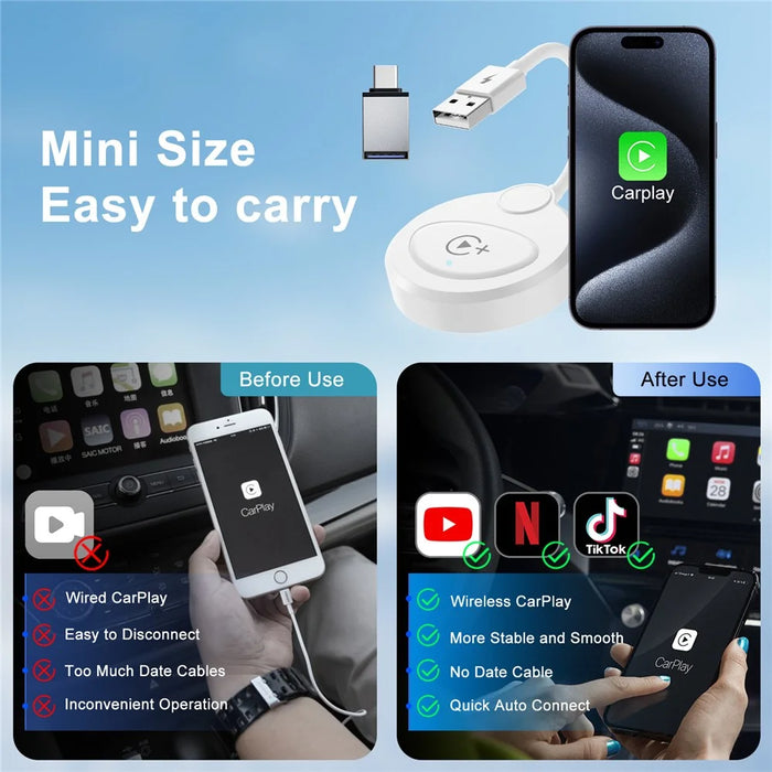 020-6+ Wireless CarPlay Adapter Convert Wired to Wireless Carplay Dongle Support YouTube / Netflix / TikTok - White - 6