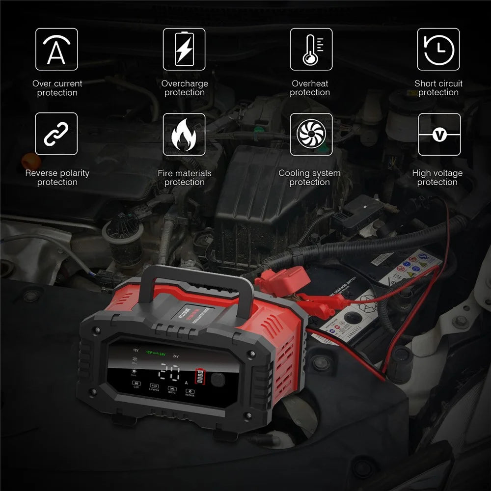 FOXSUR FPT-200 Large Screen Portable Battery Charger for 12V-24V Motorcycle Car - EU Plug - 4