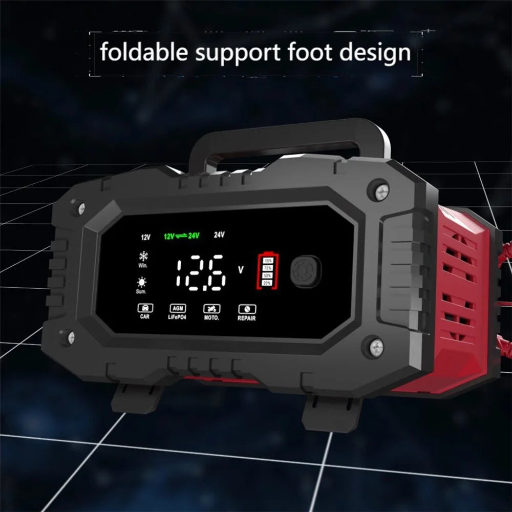 FOXSUR FPT-200 Large Screen Portable Battery Charger for 12V-24V Motorcycle Car - EU Plug - 5