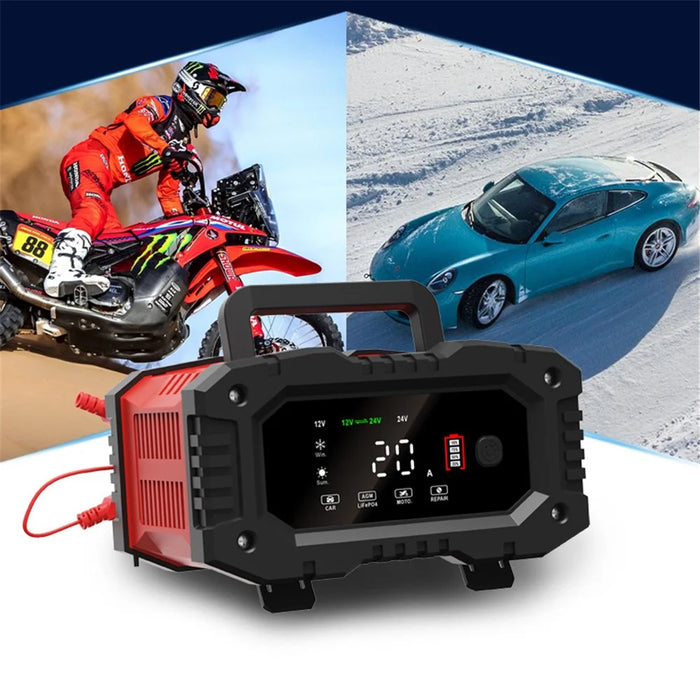 FOXSUR FPT-200 Large Screen Portable Battery Charger for 12V-24V Motorcycle Car - EU Plug - 6