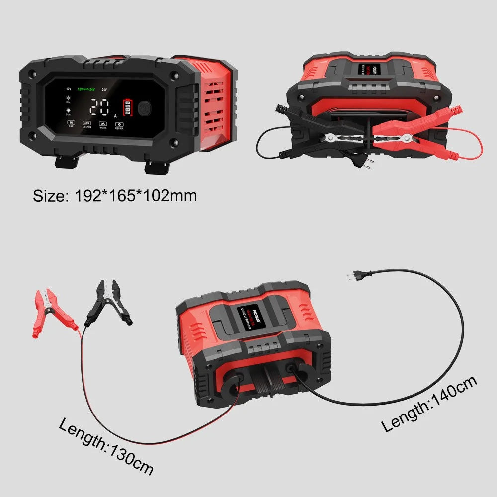 FOXSUR FPT-200 Large Screen Portable Battery Charger for 12V-24V Motorcycle Car - EU Plug - 7