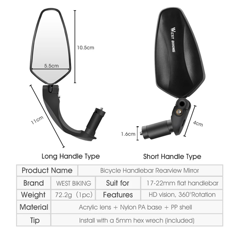 WEST BIKING Short Style MTB Bicycle Bike Handlebar Rearview Mirror 360 Degree Rotatable Safe Cycling Handlebar Mirror - 4