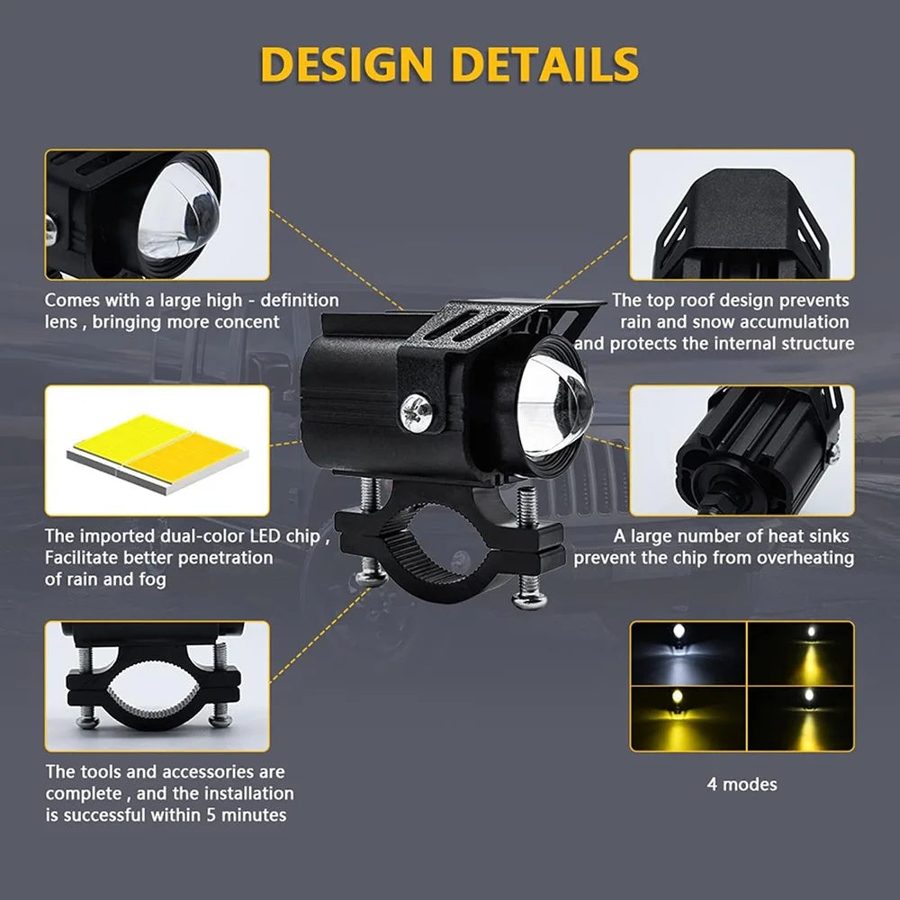 12-85V Motorcycle Electric Bike Yellow+White LED Light Waterproof Super Bright Spotlight - 6