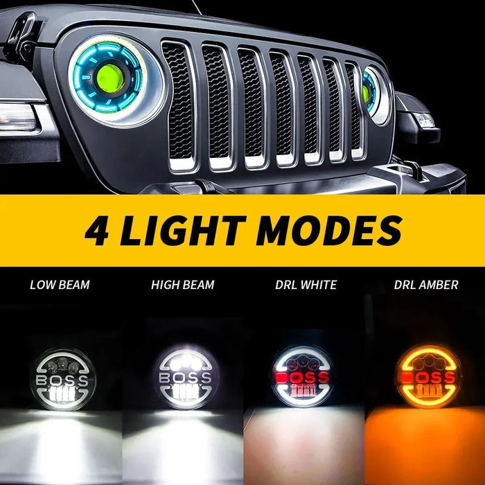 7-inch for Wrangler Harley Motorcycle Boss Headlight High Low Beam Circle Angel Eye LED Headlight - 4