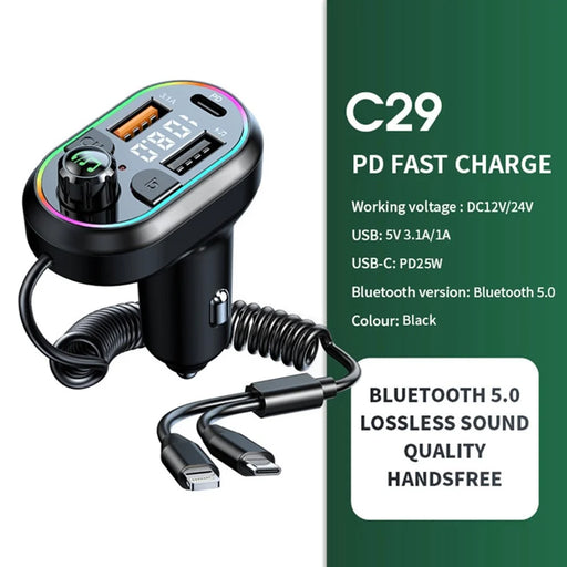 C29 Bluetooth-compatible Hands-free Call Car MP3 Player FM Transmitter PD Type-C + Dual USB Car Charger with Lightning+Type-C Cable - 2