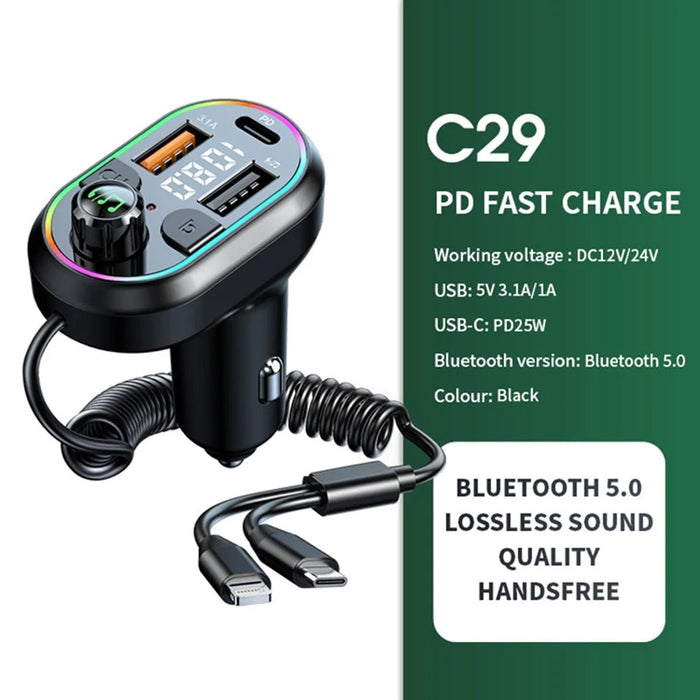 C29 Bluetooth-compatible Hands-free Call Car MP3 Player FM Transmitter PD Type-C + Dual USB Car Charger with Lightning+Type-C Cable - 2