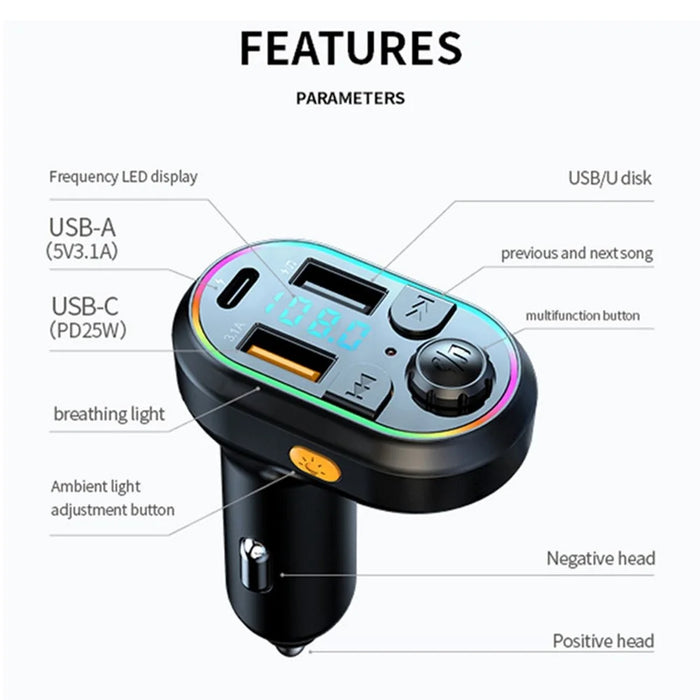 C29 Bluetooth-compatible Hands-free Call Car MP3 Player FM Transmitter PD Type-C + Dual USB Car Charger with Lightning+Type-C Cable - 5