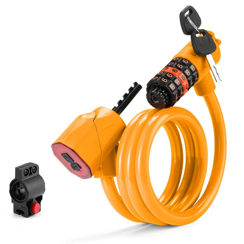 BENGGUO Thick Steel Cable Bike Lock Anti-Theft 5-Digit Combination Lock with 3 Modes Tail Light - Black+Orange - 1