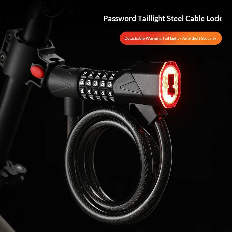 BENGGUO Thick Steel Cable Bike Lock Anti-Theft 5-Digit Combination Lock with 3 Modes Tail Light - Black+Orange - 2