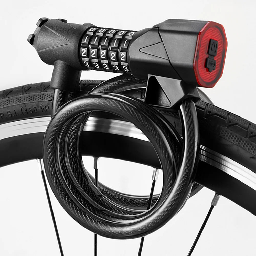 BENGGUO Thick Steel Cable Bike Lock Anti-Theft 5-Digit Combination Lock with 3 Modes Tail Light - Black+Orange - 3