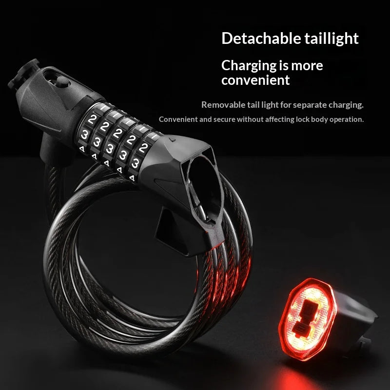 BENGGUO Thick Steel Cable Bike Lock Anti-Theft 5-Digit Combination Lock with 3 Modes Tail Light - Black+Orange - 4