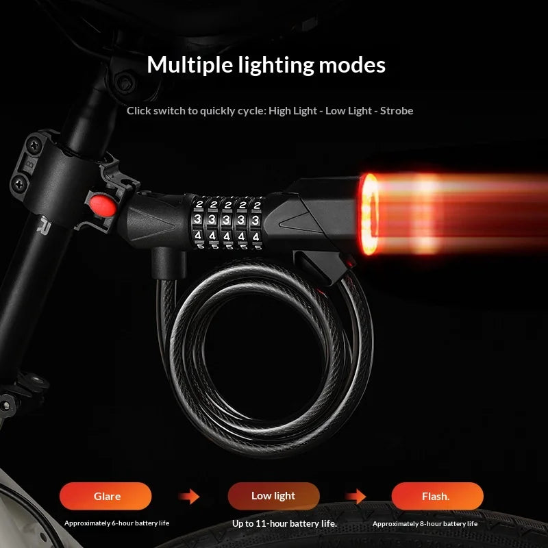 BENGGUO Thick Steel Cable Bike Lock Anti-Theft 5-Digit Combination Lock with 3 Modes Tail Light - Black+Orange - 5