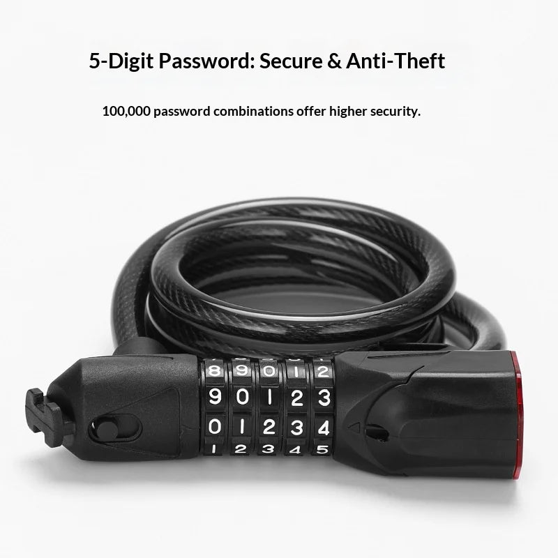 BENGGUO Thick Steel Cable Bike Lock Anti-Theft 5-Digit Combination Lock with 3 Modes Tail Light - Black+Orange - 6