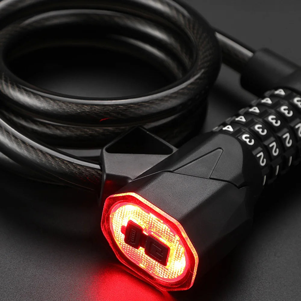 BENGGUO Thick Steel Cable Bike Lock Anti-Theft 5-Digit Combination Lock with 3 Modes Tail Light - Black+Orange - 7