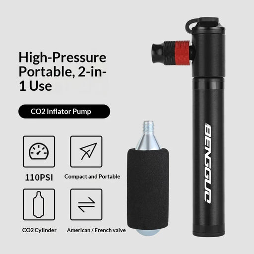 BENGGUO BG-1634 Portable Bike Pump Bicycle Tire Inflator Hand Pump High Pressure 110PSI (No CO2 Gas Cylinder), Black - 2