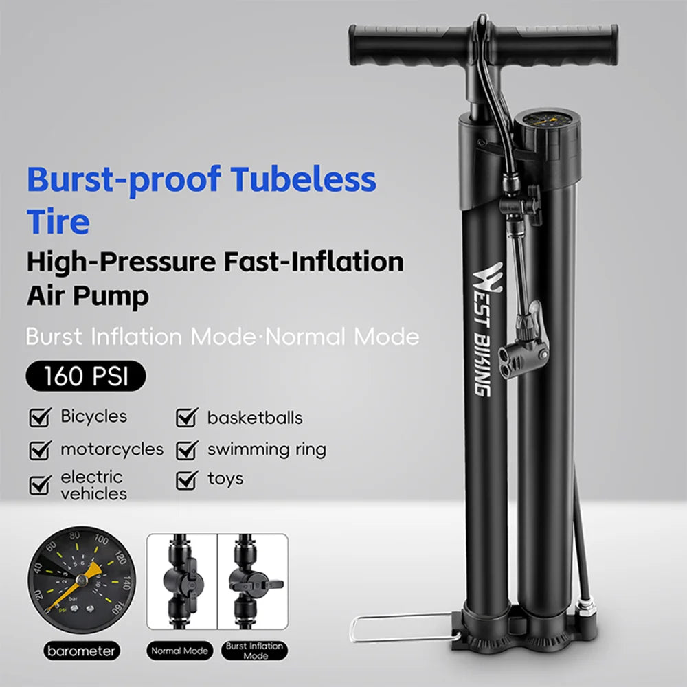WEST BIKING YP0711199 Dual Tube Bike Pump High Pressure Portable Inflator with Pressure Gauge for Bicycle / E-Bike - Black/Short - 2