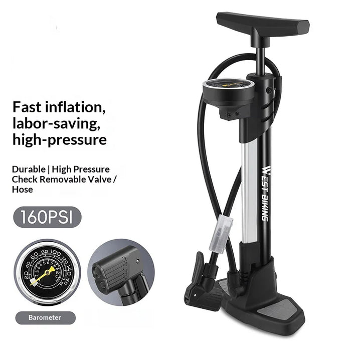 WEST BIKING YP0711198 Bicycle Floor Pump 160PSI High Pressure Air Pump with Gauge for Bike/Electric Vehicle - Black+Silver - 2