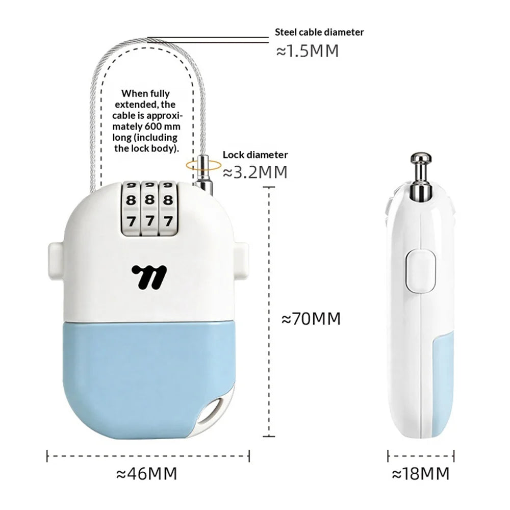 WEST BIKING YP0705131 Portable Bike Cable Lock 3-Digit Password Retractable Steel Wire Lock for Bicycle Helmet Luggage - White+Blue - 6