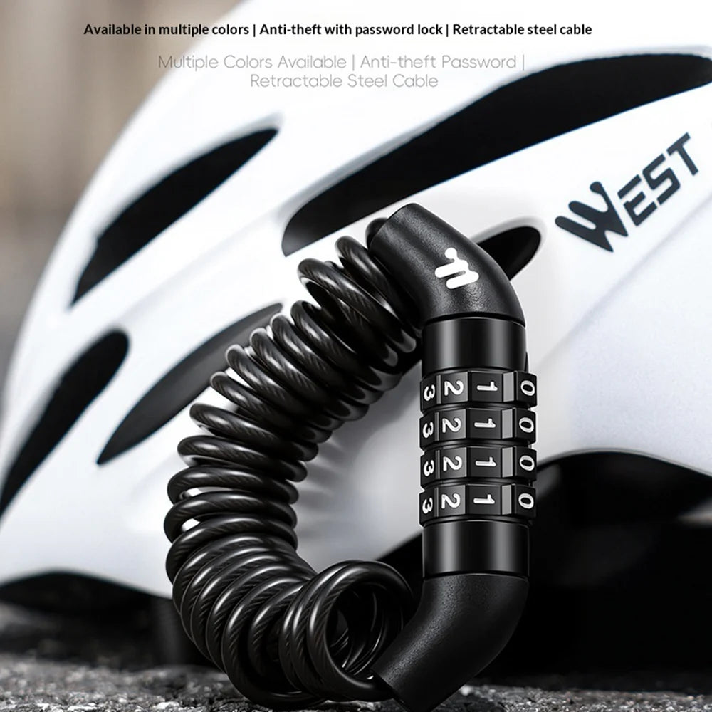 WEST BIKING YP0705135 Bike Helmet Lock 4-Digit Password Portable Cycling Security Cable Lock - Black - 7