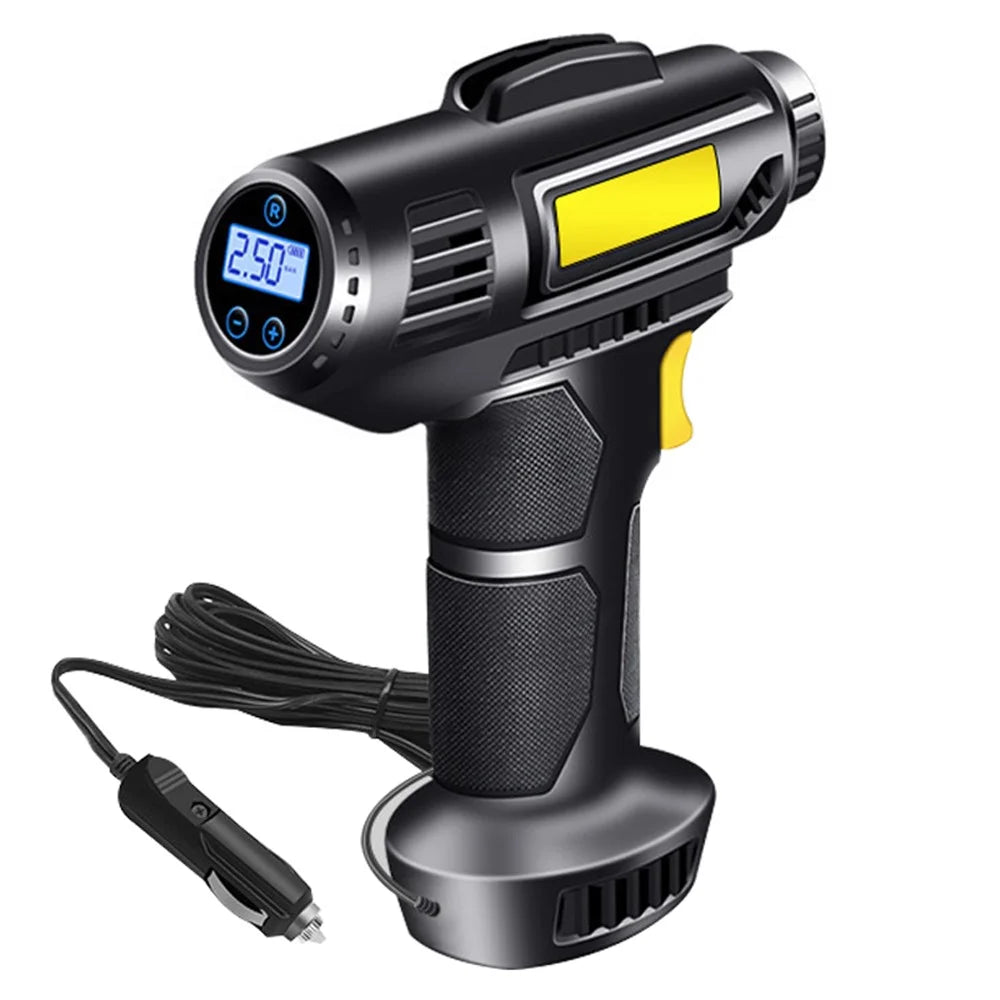 12V Wired Digital Car Tyre Inflator Portable Air Compressor with 3 Nozzle Adaptors and LED Light - 1