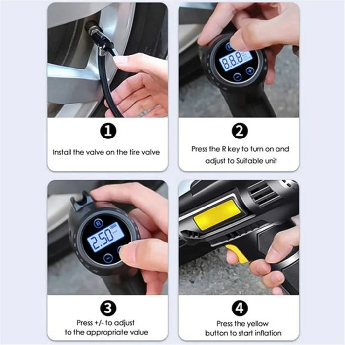 12V Wired Digital Car Tyre Inflator Portable Air Compressor with 3 Nozzle Adaptors and LED Light - 6