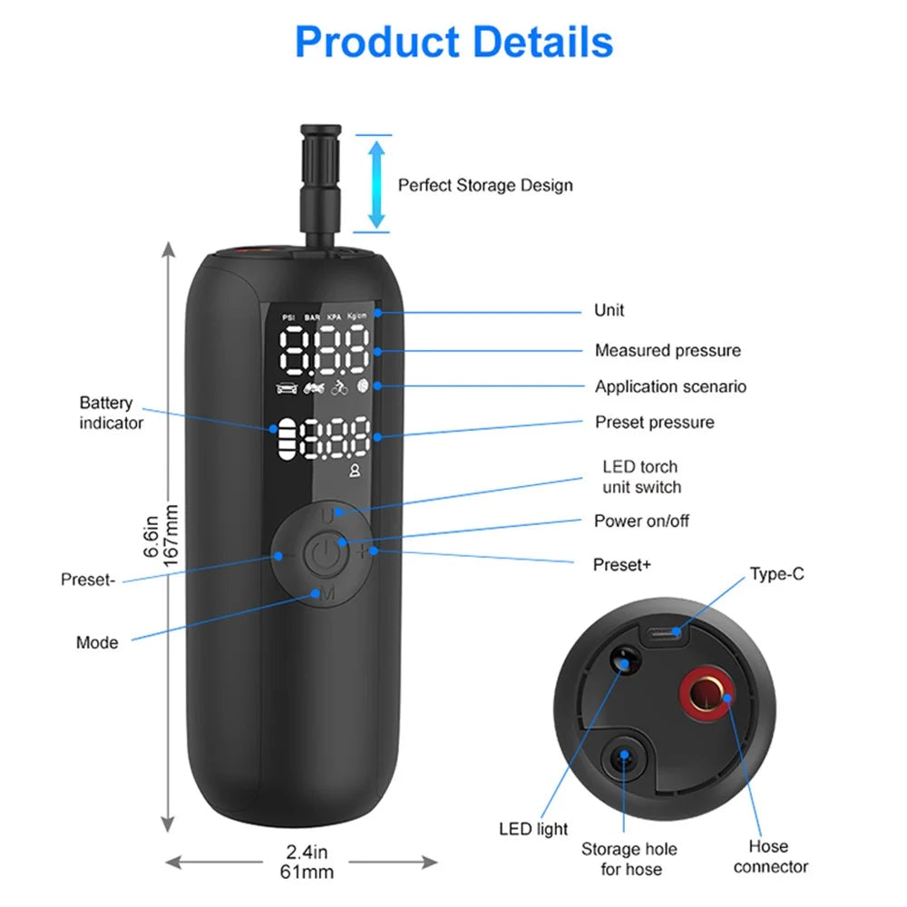 LP1 Outdoor Portable Smart Tire Pump with LED Light, Car Bike Mini Inflator - 4